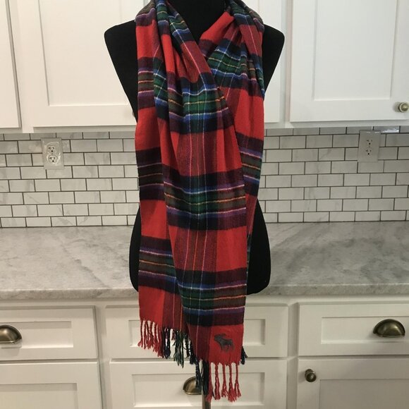 Abercrombie & Fitch Scarf One Size Red Tartan Plaid Fringe Moose Logo - Picture 1 of 7
